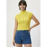 Kadın Yarım Balıkçı Yaka Fitilli Triko Kolsuz Crop Bluz - Sarı
