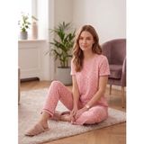 Kadın Yazlık Pointel Örme Pijama Takımı Pembe Çiçekli | Kısa Kollu, Uzun Pantolon