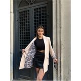 Kadın Yeni Sezon Leopar Astar Detaylı Uzun Blazer Ceket - Bej - M