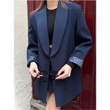 Kadın Yeni Sezon Leopar Astar Detaylı Uzun Blazer Ceket - Lacivert - M