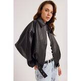 Kadın Yeni Sezon Oversize Bomber Deri Ceket - Siyah - XL