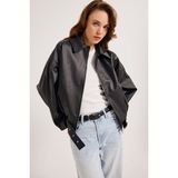 Kadın Yeni Sezon Oversize Bomber Deri Ceket - Siyah