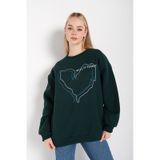 Kadın Yeşil Çizgili Kalp Baskılı Oversize Sweatshirt