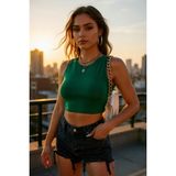 Kadın Yeşil Kare Yaka Crop Top Bluz – Şık, Rahat Ve Kolay Kombinlenebilir