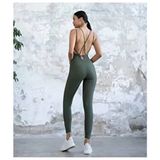 Kadın Yeşil Renk Sırt Dekolteli Çapraz Bant Askılı Toparlayıcı Yoga Pilates Tayt Spor Tulum