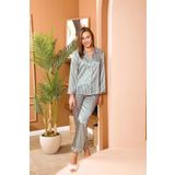 Kadın Yeşil Saten Çizgili Önden Düğmeli Pijama Takımı, L, LD15075-198IGP100471