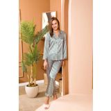 Kadın Yeşil Saten Çizgili Önden Düğmeli Pijama Takımı, S, LD15075-198IGP100469