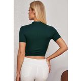 Kadın Yeşil Yarım Fermuarlı ve Kısa Kollu Crop Top Bluz
