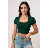Kadın Yeşil Yarım Kol Düz Yaka Crop Top Bluz – Şık, Rahat Ve Kolay Kombinlenebilir