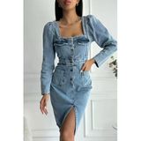 Kadın Yırtmaç Detaylı Uzun Kollu Denim Midi Mavi Elbise