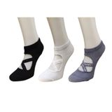 Kadın Yoga Çorabı, Bale Tasarımlı, 3'lü Set, Siyah/Beyaz/Gri | Çapraz Bantlı, Pilates ve Dans, Kaymaz Taban, Bilek Boyu, Nefes Alan Kumaş