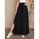 Kadın Yüksek Bel Bei Kuşaklı Yandan Yırtmaçlı Uzun Sandy Etek - Siyah - 2XL - 3XL