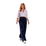 Kadın Yüksek Bel Bürümcük Kumaş Bol Paça Yazlık Pantolon (Lacivert, XL)