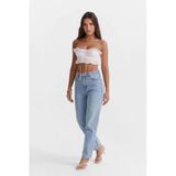 Kadın Yüksek Bel Buz Mavisi %100 Pamuk Mom Fit Jean Pantolon
