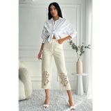 Kadın Yüksek Bel Dantel İşlemeli Mom Fit Bej Jean Pantolon
