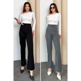 Kadın Yüksek Bel Düğmeli Fermuarlı Likralı Düz Rahat Nervürlü Palazzo Pantolon (Siyah-Antrasit, 2XL)