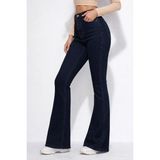 Kadın Yüksek Bel Ispanyol Paça Power Likra Kot Denim Jean - Lacivert - 34