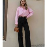 Kadın Yüksek Bel Likralı Wide Leg Siyah Jean Pantolon