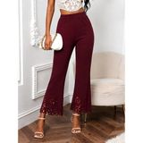 Kadın Yüksek Bel Paçaya Doğru Genişleyen Lazer Çiçek Kesim Detaylı Ithal Krep Pantolon - Bordo - -- - 2XL - 3XL