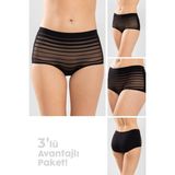 Kadın Yüksek Bel Pamuklu Transparan Detaylı Bato Külot 3'lü Paket 8261 Siyah - XL
