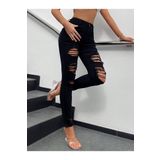 Kadın Yüksek Bel Slim Fit Lazer Kesim Yırtık Pantolon