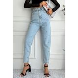 Kadın Yüksek Bel Taşlı Mom Fit Mavi Jean Pantolon