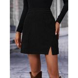 Kadın Yüksek Belli Etek Ucu Asimetrik Yırtmaç Detay Kadife Mini Etek - Siyah - L - XL