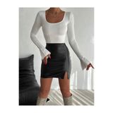 Kadın Yüksel Bel Yırtmaçlı Deri Mini Etek 2242