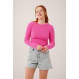 Kadın Yumoş Bisiklet Yaka Fitilli Triko Crop Kazak - 01P-Pembe - Standart