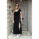 Kadın Yuvarlak Ribana Yaka Beyaz Yırtmaç Detaylı Viskon Tam Boy Elbise - Siyah - L - XL