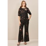 Kadın Yuvarlak Yakalı Normal Kalıp Cep Detaylı Desenli Kısa Kollu Siyah-Bronz Bluz 24763-BLOUSE-SIY/BRO