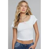 Kadın Zarif Dokunuş Beyaz Göğsü Ve Kolları Dantelli Fiyonklu Kısa Kol Crop Top Bluz