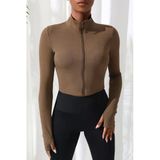 Kadın Zarif Dokunuş Kahverengi Uzun Kol Fermuarlı Parmak Geçme Detaylı Dik Yaka Crop Top Bluz