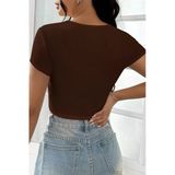 Kadın Zarif Dokunuş Kahverengi Yarım Kol Düz Yaka Crop Top Bluz