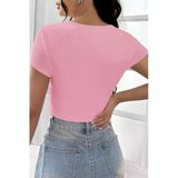 Kadın Zarif Dokunuş Pembe Yarım Kol Düz Yaka Crop Top Bluz