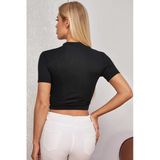 Kadın Zarif Dokunuş Siyah Yarım Fermuarlı Ve Kısa Kollu Crop Top Bluz