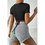 Kadın Zarif Dokunuş Siyah Yarım Kol Çapraz Bağlamalı Crop Top Bluz