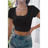 Kadın Zarif Dokunuş Siyah Yarım Kol Düz Yaka Crop Top Bluz