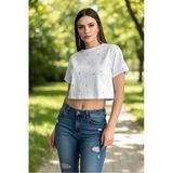 Kadın Zımba Detaylı Beyaz Crop T-Shirt