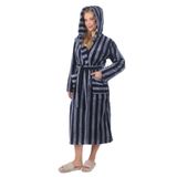 Kadın%100 Bambu Çizgili Kapüşonlu Uzun Sabahlık/Bornoz Füme 2XL