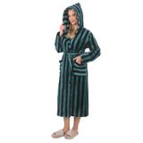 Kadın%100 Bambu Çizgili Kapüşonlu Uzun Sabahlık/Bornoz Yeşil 2XL