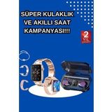 Kadınlar İçin 3 Kordonlu Akıllı Saat ve Dijital Göstergeli Powerbankli Bluetooth Kulaklık Dokunmatik