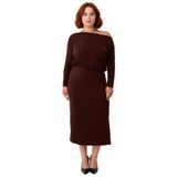 Kadınlar İçin Bodycon Kalıp Asimetrik Yaka Uzun Kol Düz Örme Midi Maxi Elbise Kış Şıklığı Ve Konforu-Kahverengi-5XL
