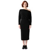 Kadınlar İçin Bodycon Kalıp Asimetrik Yaka Uzun Kol Düz Örme Midi Maxi Elbise Kış Şıklığı Ve Konforu-Siyah-XL