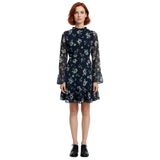 Kadınlar İçin Dik Yaka Fırfır Detaylı Çiçek Desenli Şifon A Line Uzun Kollu Mini Elbise Kaliteli-Koyu Lacivert-40