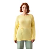 Kadınlar İçin Düz Renk Kayık Yaka Triko Kazak Regular Kalıp Uzun Kollu Beli Kuşaklı Tasarım -Sarı-3XL