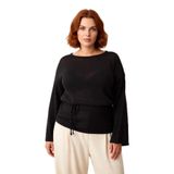 Kadınlar İçin Düz Renk Kayık Yaka Triko Kazak Regular Kalıp Uzun Kollu Beli Kuşaklı Tasarım -Siyah-5XL