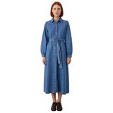 Kadınlar İçin Mavi A Line Gömlek Yaka Kemer Detaylı%100 Pamuk Maxi Denim Elbise İlkbahar Sonbahar-Mavi-34