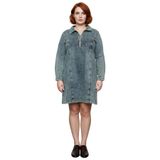 Kadınlar İçin Mavi Denim Shift Kalıp Gömlek Yaka%100 Pamuk Uzun Kollu Mini Elbise Kaliteli-Mavi-46