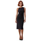 Kadınlar İçin Şık Ve Modern Bodycon Midi Elbise Asimetrik Yaka Detaylı Kolsuz Tasarım Kaliteli-Siyah-42